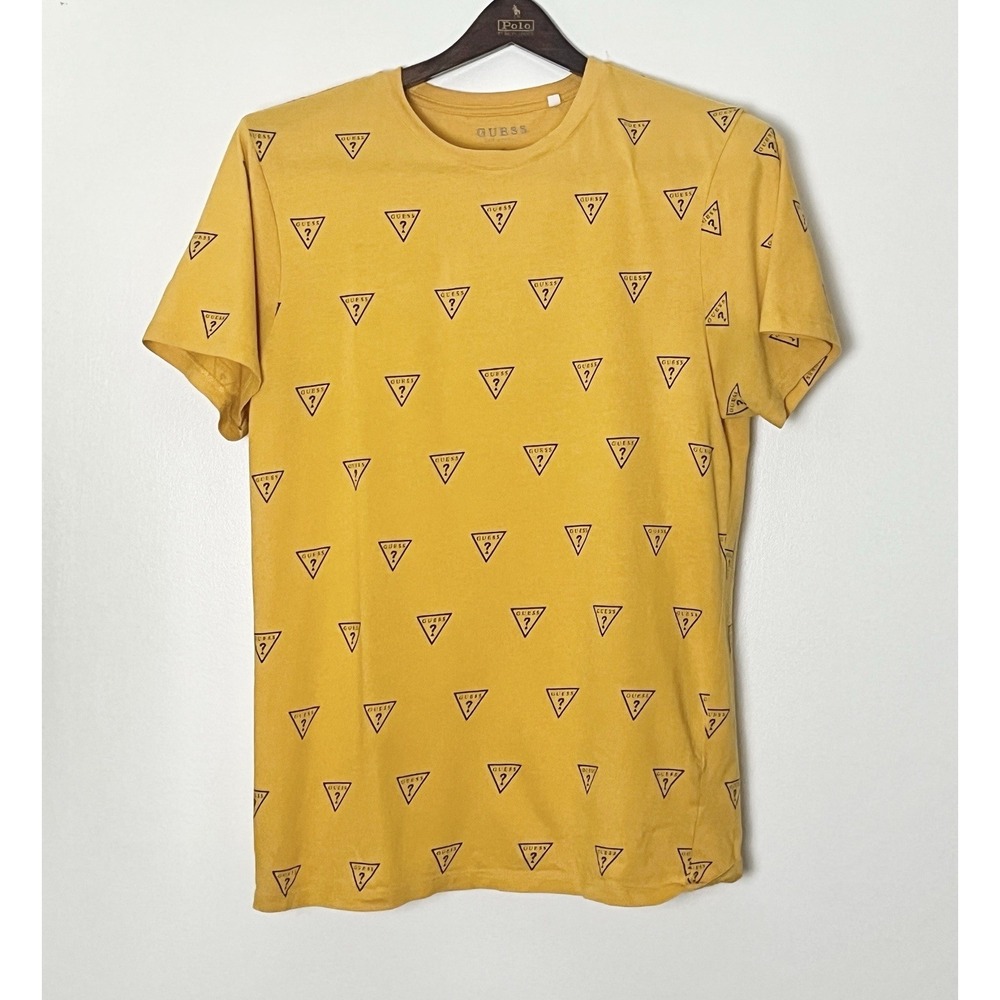 Guess Logo T-Shirt Men's Small Yellow Blue AOP 90s Mallsoft Preppy